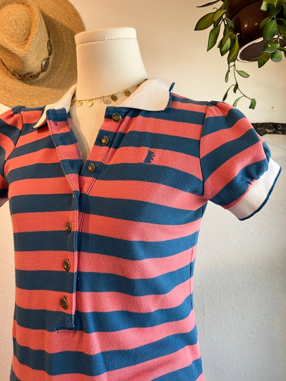 Juicy Couture Pink Blue Polo Striped Puffed Short Sleeve Shirt Size Medium USA